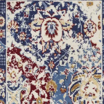 10' Ivory Red and Blue Ogee Distressed Runner Rug