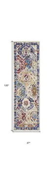 10' Ivory Red and Blue Ogee Distressed Runner Rug