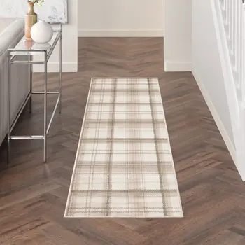 10' Ivory Plaid Power Loom Runner Rug