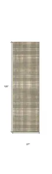 10' Olive Green and Ivory Plaid Runner Rug