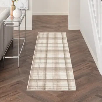 12' Ivory Plaid Power Loom Runner Rug