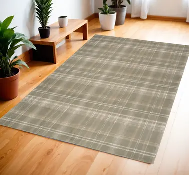 4' X 6' Olive Green and Ivory Plaid Area Rug