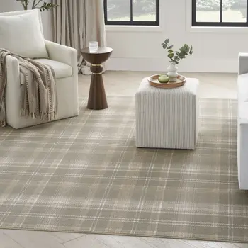 6' X 9' Olive Green and Ivory Plaid Area Rug