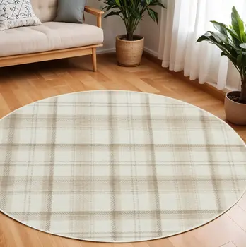 8' Ivory Plaid Power Loom Round Rug