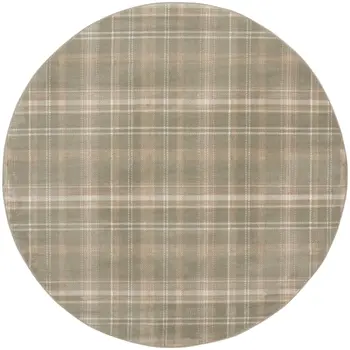 8' Olive Green and Ivory Plaid Round Rug