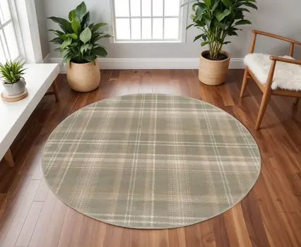 8' Olive Green and Ivory Plaid Round Rug