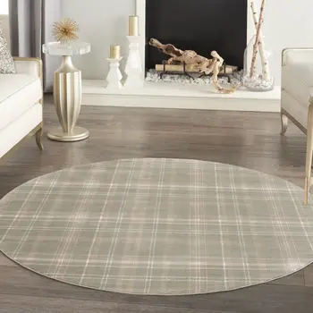 8' Olive Green and Ivory Plaid Round Rug