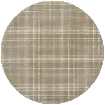 8' Olive Green and Ivory Plaid Round Rug