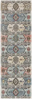 6' Ivory Tan And Blue Geometric Flatweave Runner Rug
