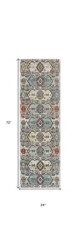 6' Ivory Tan And Blue Geometric Flatweave Runner Rug