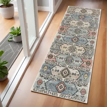 6' Ivory Tan And Blue Geometric Flatweave Runner Rug