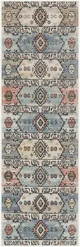 6' Ivory Tan And Blue Geometric Flatweave Runner Rug