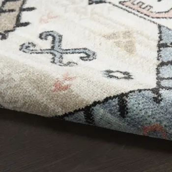 6' Ivory Tan And Blue Geometric Flatweave Runner Rug