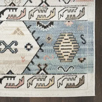 6' Ivory Tan And Blue Geometric Flatweave Runner Rug