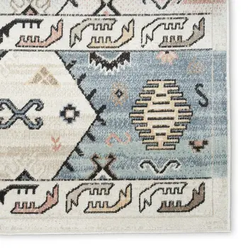 6' Ivory Tan And Blue Geometric Flatweave Runner Rug