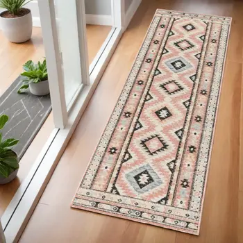 6' Ivory Pink And Black Geometric Flatweave Runner Rug