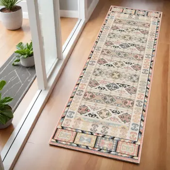 6' Ivory Tan And Black Geometric Flatweave Runner Rug