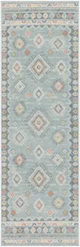 6' Blue Light Blue and Orange Geometric Flatweave Runner Rug