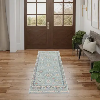 6' Blue Light Blue and Orange Geometric Flatweave Runner Rug
