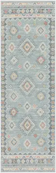 6' Blue Light Blue and Orange Geometric Flatweave Runner Rug