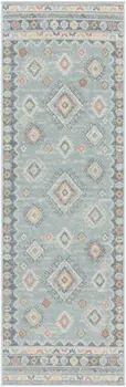6' Blue Light Blue and Orange Geometric Flatweave Runner Rug