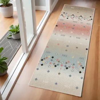 6' Tan Orange and Ivory Geometric Flatweave Runner Rug