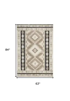 5' X 7' Beige Black And Tan Geometric Flatweave Area Rug