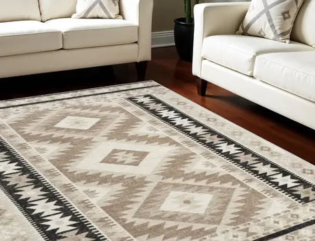 5' X 7' Beige Black And Tan Geometric Flatweave Area Rug