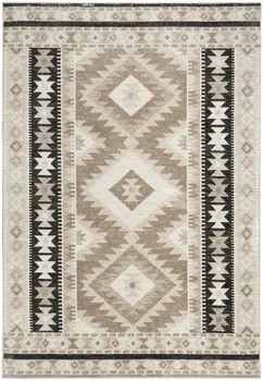 5' X 7' Beige Black And Tan Geometric Flatweave Area Rug