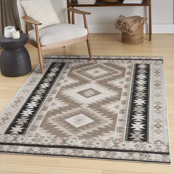 5' X 7' Beige Black And Tan Geometric Flatweave Area Rug