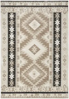 5' X 7' Beige Black And Tan Geometric Flatweave Area Rug