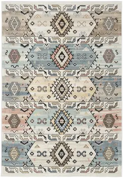 5' X 7' Ivory Tan And Blue Geometric Flatweave Area Rug