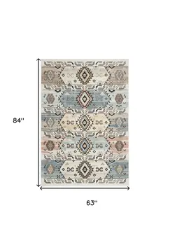 5' X 7' Ivory Tan And Blue Geometric Flatweave Area Rug