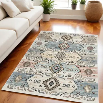 5' X 7' Ivory Tan And Blue Geometric Flatweave Area Rug
