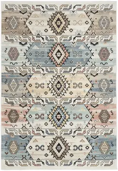 5' X 7' Ivory Tan And Blue Geometric Flatweave Area Rug