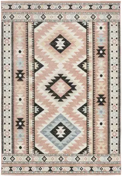 5' X 7' Ivory Pink And Black Geometric Flatweave Area Rug