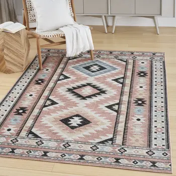 5' X 7' Ivory Pink And Black Geometric Flatweave Area Rug