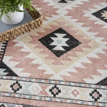 5' X 7' Ivory Pink And Black Geometric Flatweave Area Rug