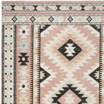 5' X 7' Ivory Pink And Black Geometric Flatweave Area Rug