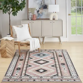 5' X 7' Ivory Pink And Black Geometric Flatweave Area Rug