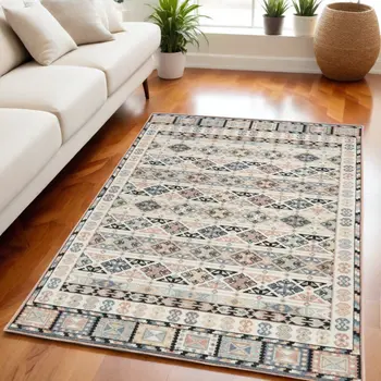 5' X 7' Ivory Tan And Black Geometric Flatweave Area Rug