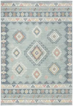 5' X 7' Blue Light Blue and Orange Geometric Flatweave Area Rug