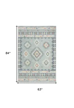 5' X 7' Blue Light Blue and Orange Geometric Flatweave Area Rug
