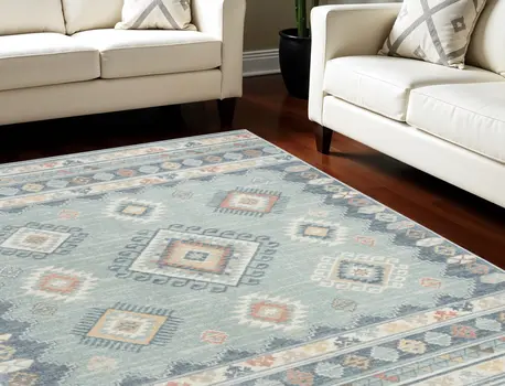 5' X 7' Blue Light Blue and Orange Geometric Flatweave Area Rug