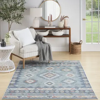 5' X 7' Blue Light Blue and Orange Geometric Flatweave Area Rug