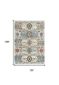 7' X 9' Ivory Tan And Blue Geometric Flatweave Area Rug