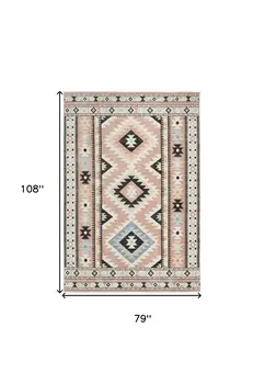 7' X 9' Ivory Pink And Black Geometric Flatweave Area Rug