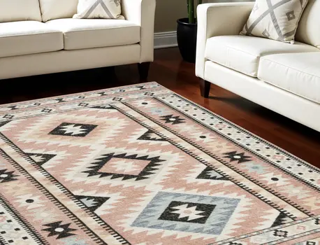 7' X 9' Ivory Pink And Black Geometric Flatweave Area Rug