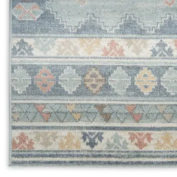 7' X 9' Blue Light Blue and Orange Geometric Flatweave Area Rug