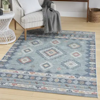 7' X 9' Blue Light Blue and Orange Geometric Flatweave Area Rug